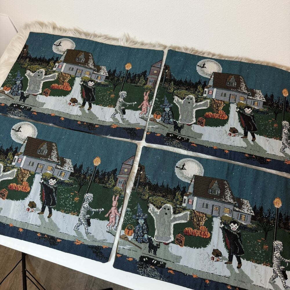 Vintage Halloween Tapestry Placemat Witch Ghost Mummy Vampire Spooky Set of 4